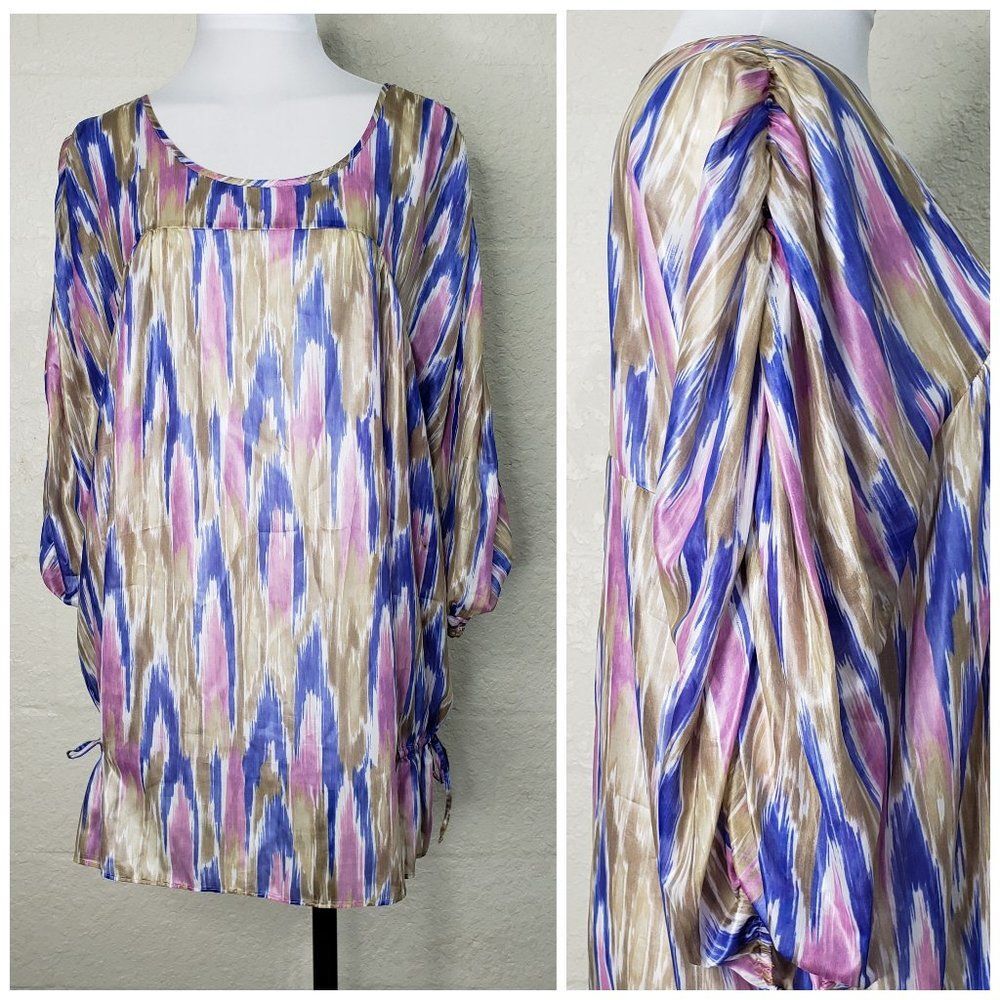 NWT Apostrophe Sheer Watercolor Ruched Top Large